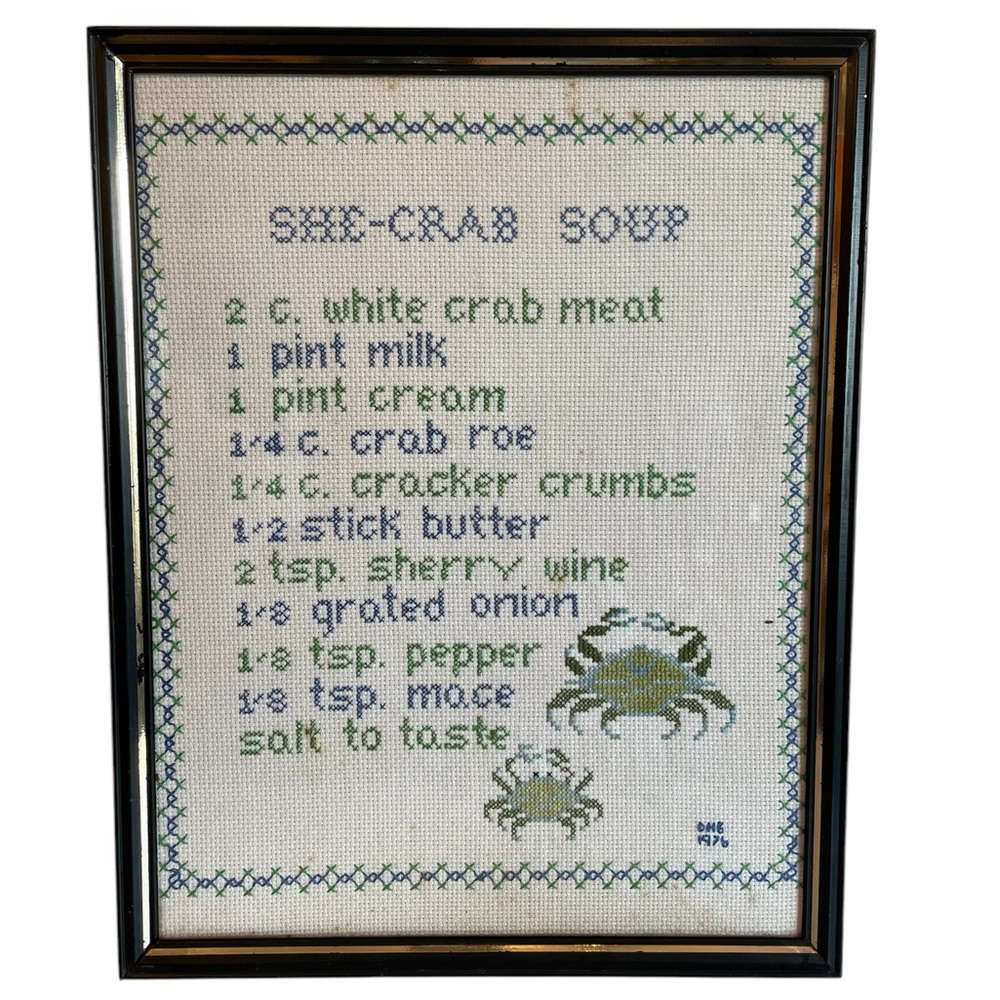 Vintage Framed She-Crab Soup Recipe Cross-Stitch Art